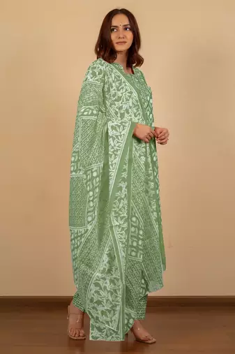 Women's Green Grey cotton floral print kurta set with dupatta & trouser