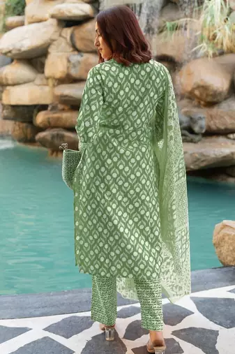 Women's Green Grey cotton floral print kurta set with dupatta & trouser