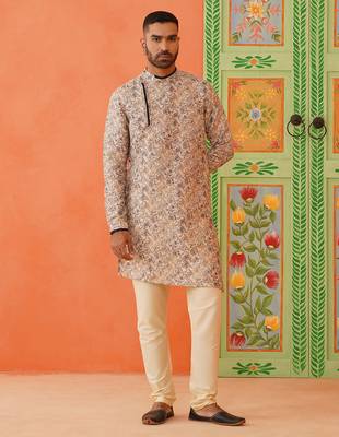 Beige kantha design printed kurtas 1