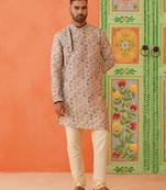 Beige kantha design printed kurtas