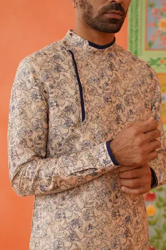 Beige kantha design printed kurtas