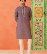 Earthy purple printed kurtas with abla embroidery