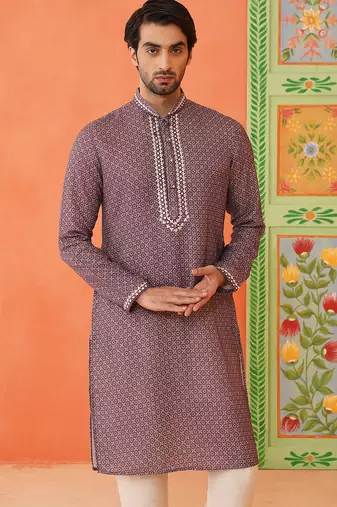 Earthy purple printed kurtas with abla embroidery