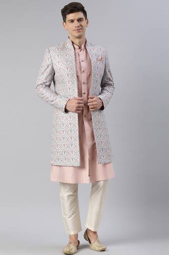 Grey pink embroidered printed achkan