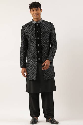 Black velvet embroidered layered indowestern