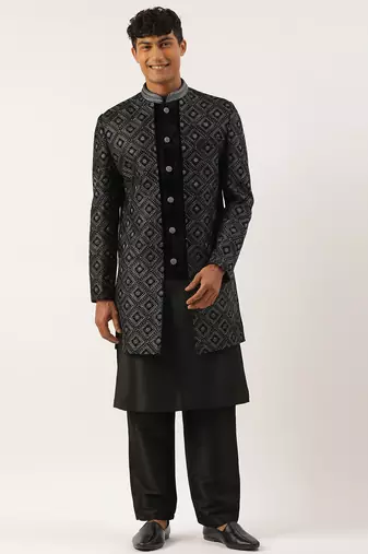 Black velvet embroidered layered indowestern