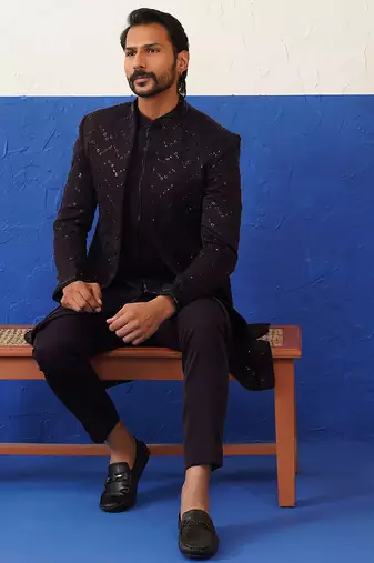 Rithvik dhanjani in wine front open indowestern set