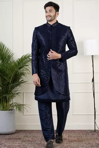 Navy velvet sequin embroidered indowestern