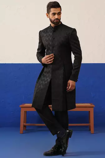 Dark brown embroidery sherwani set