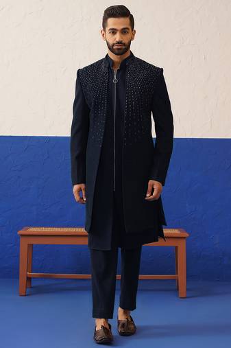 Navy blue embriodered layered indowestern