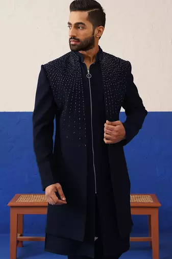Navy blue embriodered layered indowestern