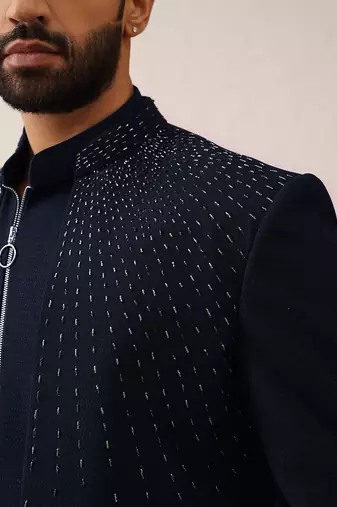 Navy blue embriodered layered indowestern