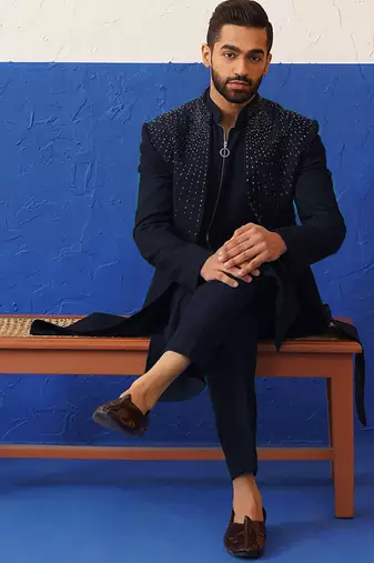 Navy blue embriodered layered indowestern