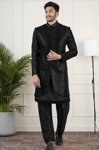 Black velvet sequin embroidered indowestern