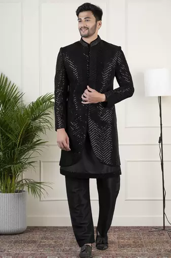 Black velvet sequin embroidered indowestern