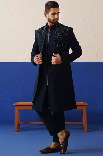 Navy blue embriodered layered indowestern