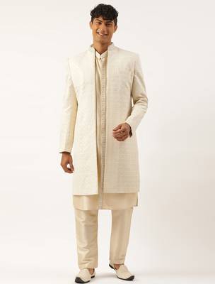 Cream shimmer embroidery indowestern with kurta set 1