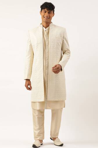 Cream shimmer embroidery indowestern with kurta set