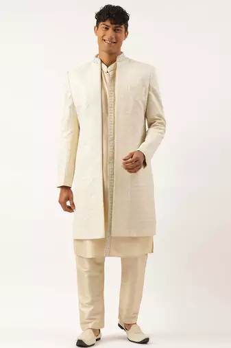 Cream shimmer embroidery indowestern with kurta set