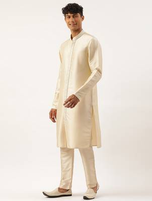 Cream shimmer embroidery indowestern with kurta set 3