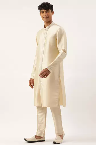 Cream shimmer embroidery indowestern with kurta set