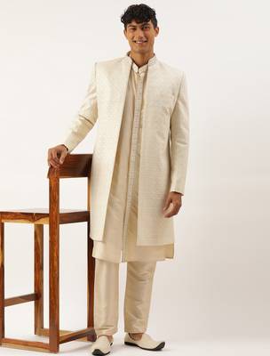 Cream shimmer embroidery indowestern with kurta set 4