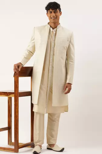 Cream shimmer embroidery indowestern with kurta set