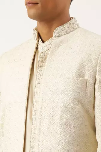 Cream shimmer embroidery indowestern with kurta set