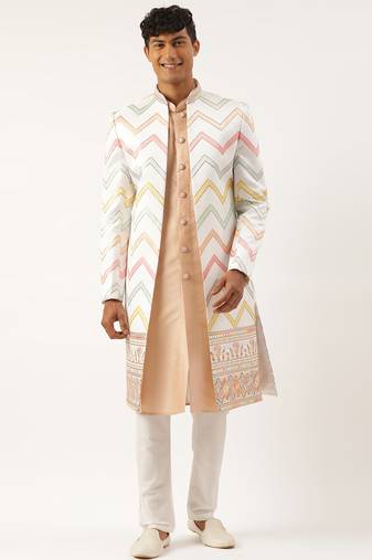 White embroidered open indowestern set