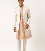 White embroidered open indowestern set