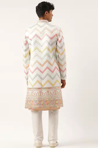 White embroidered open indowestern set