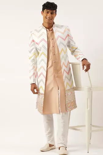 White embroidered open indowestern set