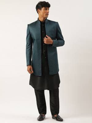 Teal black jacquard open indowestern set 1