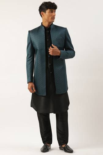 Teal black jacquard open indowestern set