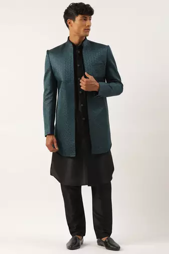 Teal black jacquard open indowestern set