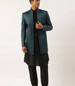 Teal black jacquard open indowestern set