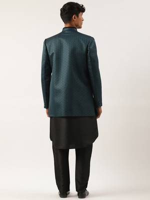 Teal black jacquard open indowestern set 2