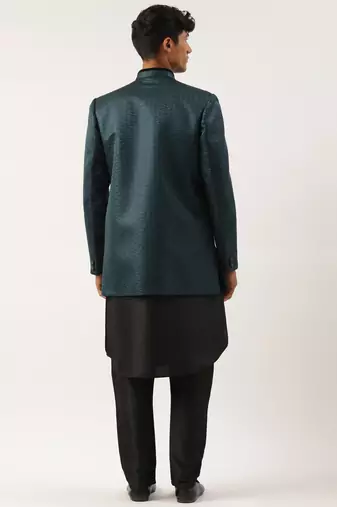 Teal black jacquard open indowestern set