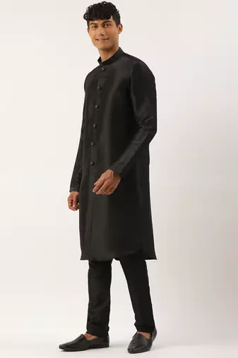 Teal black jacquard open indowestern set