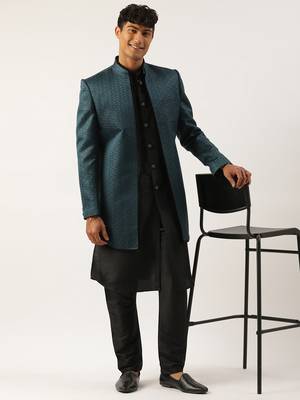 Teal black jacquard open indowestern set 4