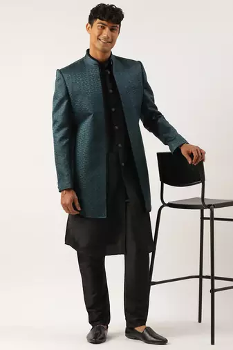 Teal black jacquard open indowestern set