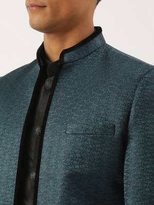 Teal black jacquard open indowestern set 5