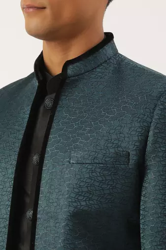 Teal black jacquard open indowestern set