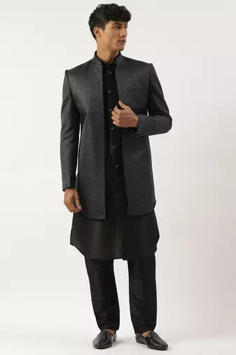 Black jacquard open indowestern set