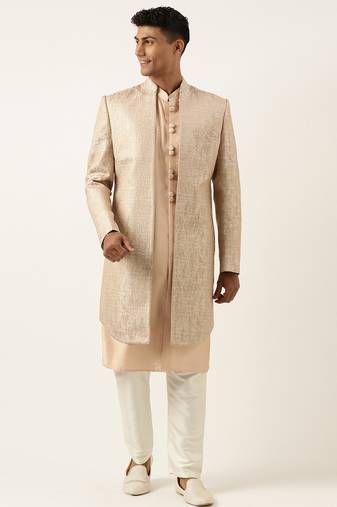 Peach jacquard indowestern set