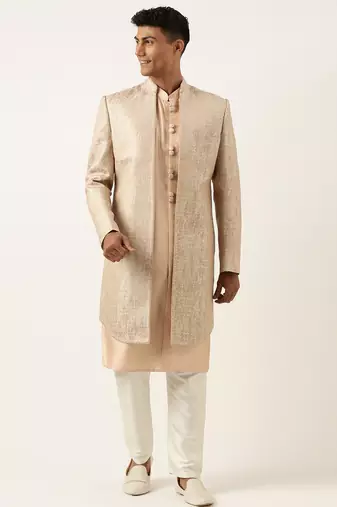 Peach jacquard indowestern set