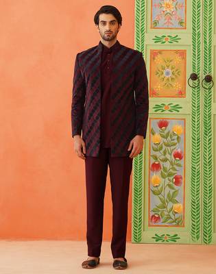 Maroon navy velvet open indowestern set 1