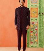 Maroon navy velvet open indowestern set