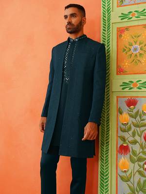Royal blue front-open sherwani with embroidered 1