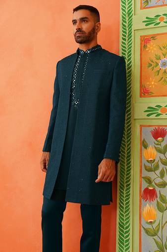 Royal blue front-open sherwani with embroidered